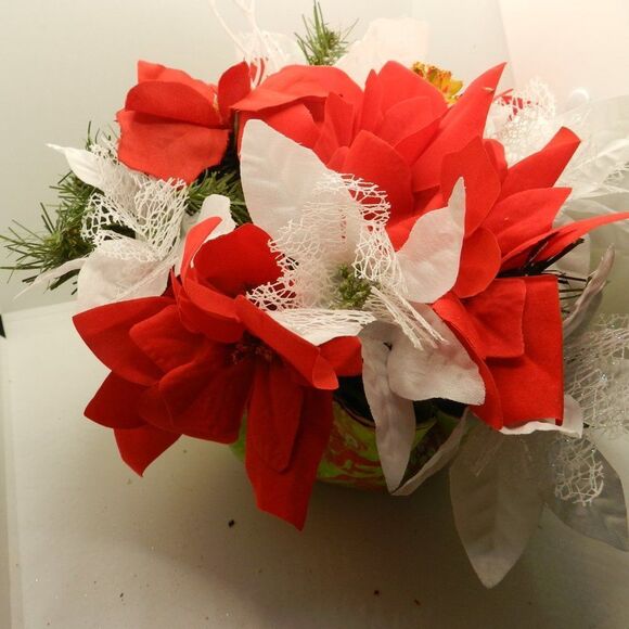 Handmade Floral Centerpiece Artificial Poinsettia Red  White Winter Decoration - Picture 1 of 5